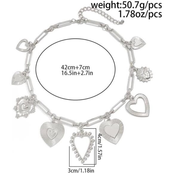 Chunky Heart Pendant Charm Necklace Silver Tone Fashion Layered Jewelry - Picture 4 of 7